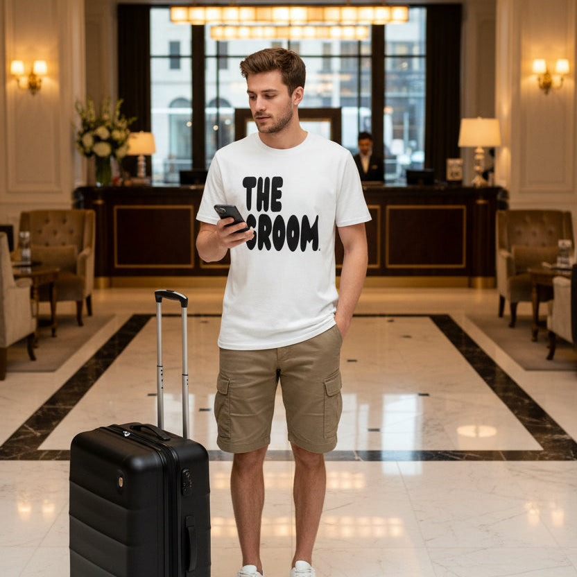 Man standing in a hotel lobby wearing the Groom Premium White T-Shirt from the APWT Wedding Shop
