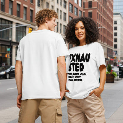 Exhausted in Black and White Premium Unisex White T-Shirt - The APWt Gift Shop