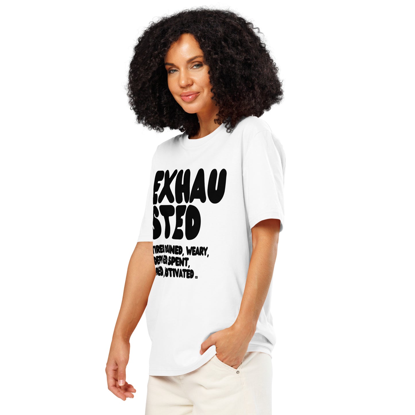 Exhausted in Black and White Premium Unisex White T-Shirt - The APWt Gift Shop