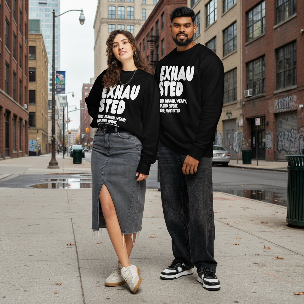Exhausted in Black and White Premium Unisex Crew Neck Sweatshirt - The APWT Gift Shop