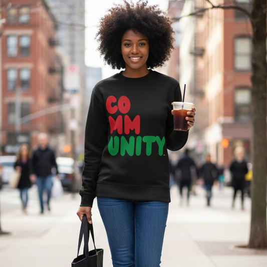 Woman walking down a city street wearing the APWT Gift Shop's Black Community Premium Unisex Crew Neck Sweatshirt from the Community Collection and the Premium Basics Collection