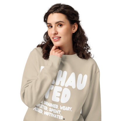 Exhausted in Beige and White Premium Unisex Crew Neck Sweatshirt - The APWT Gift Shop