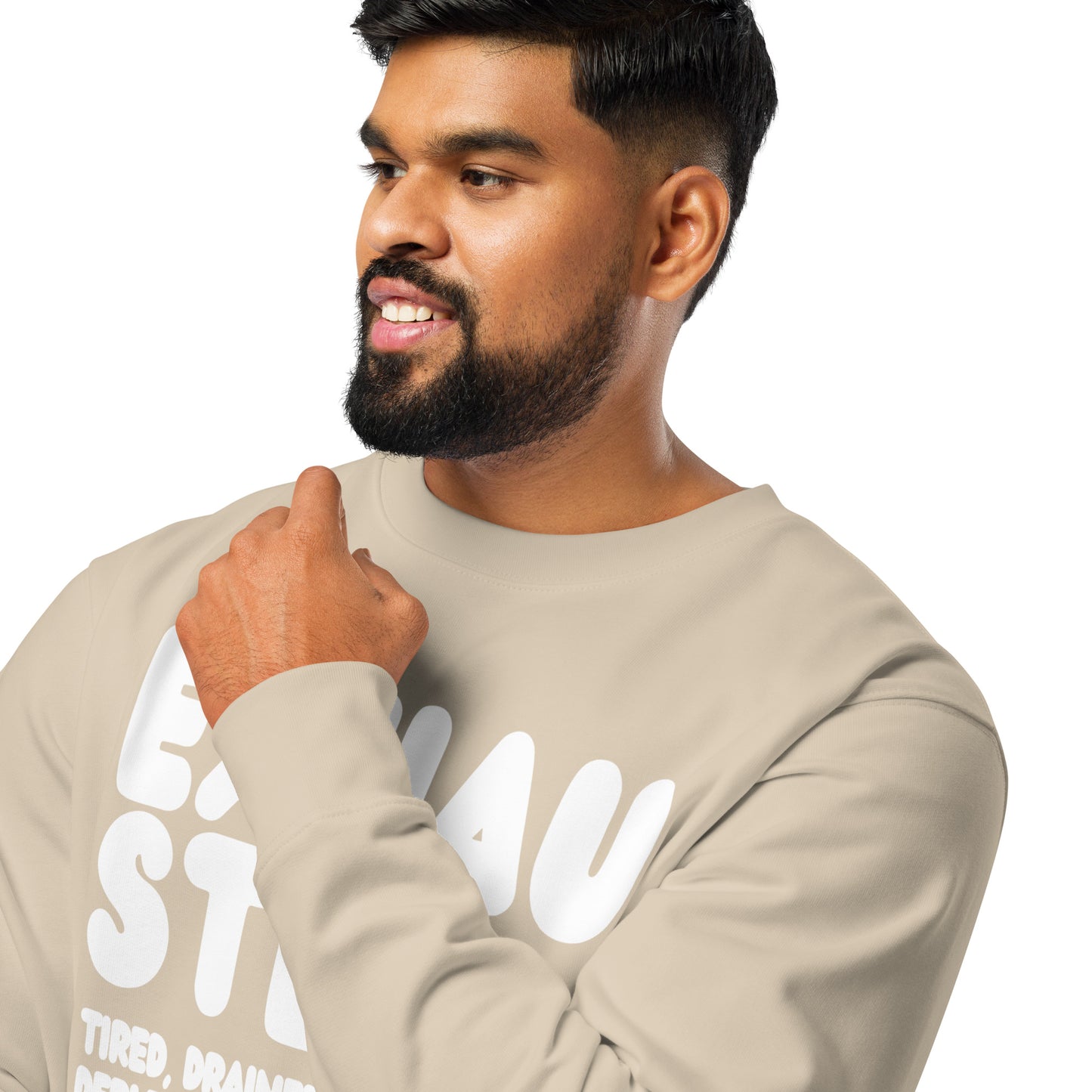 Exhausted in Beige and White Premium Unisex Crew Neck Sweatshirt - The APWT Gift Shop