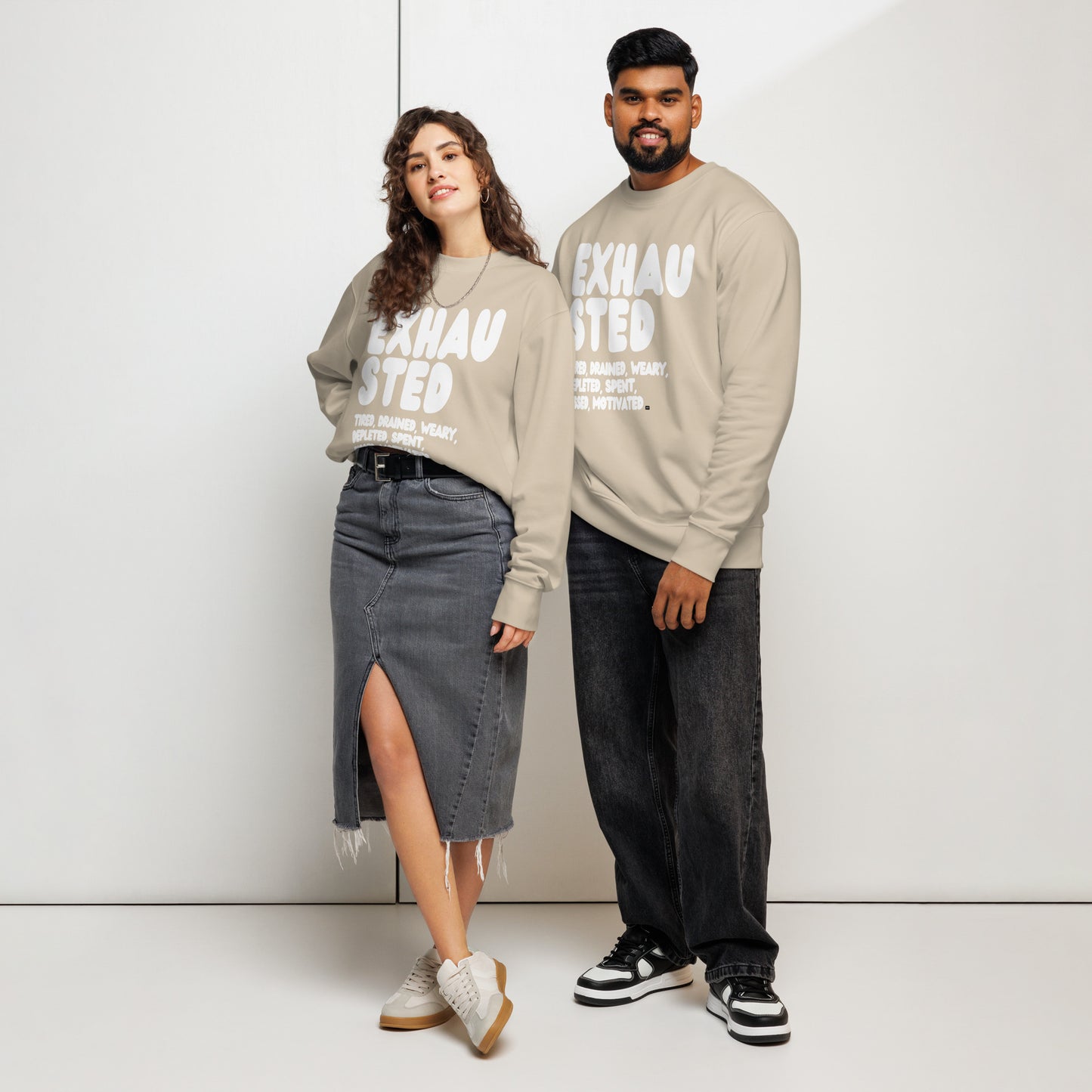 Exhausted in Beige and White Premium Unisex Crew Neck Sweatshirt - The APWT Gift Shop