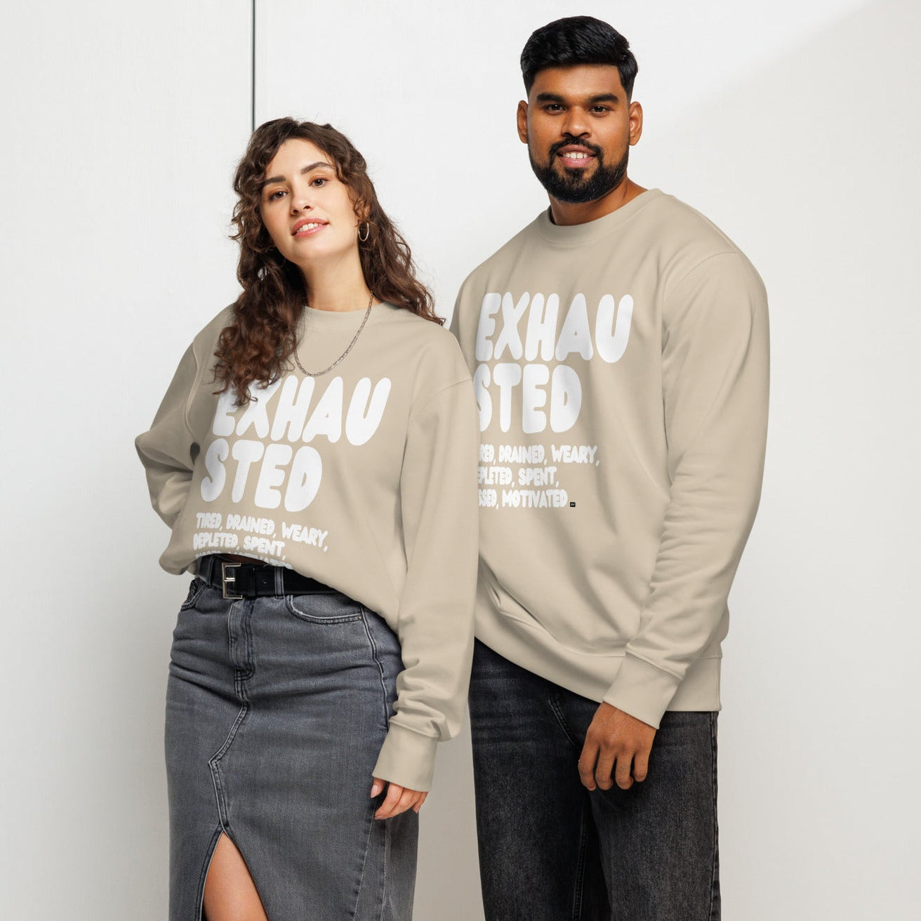 Exhausted in Beige and White Premium Unisex Crew Neck Sweatshirt - The APWT Gift Shop