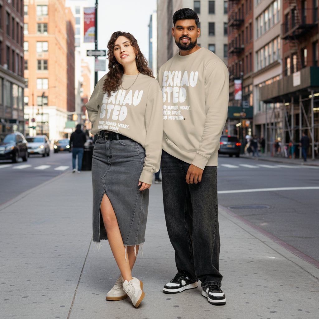 Exhausted in Beige and White Premium Unisex Crew Neck Sweatshirt