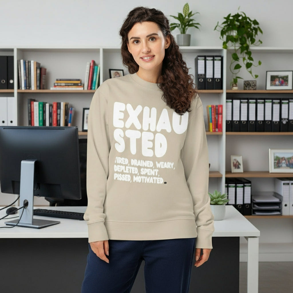 Exhausted in Beige and White Premium Unisex Crew Neck Sweatshirt - The APWT Gift Shop