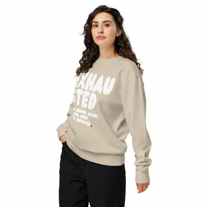 Exhausted in Beige and White Premium Unisex Crew Neck Sweatshirt - The APWT Gift Shop