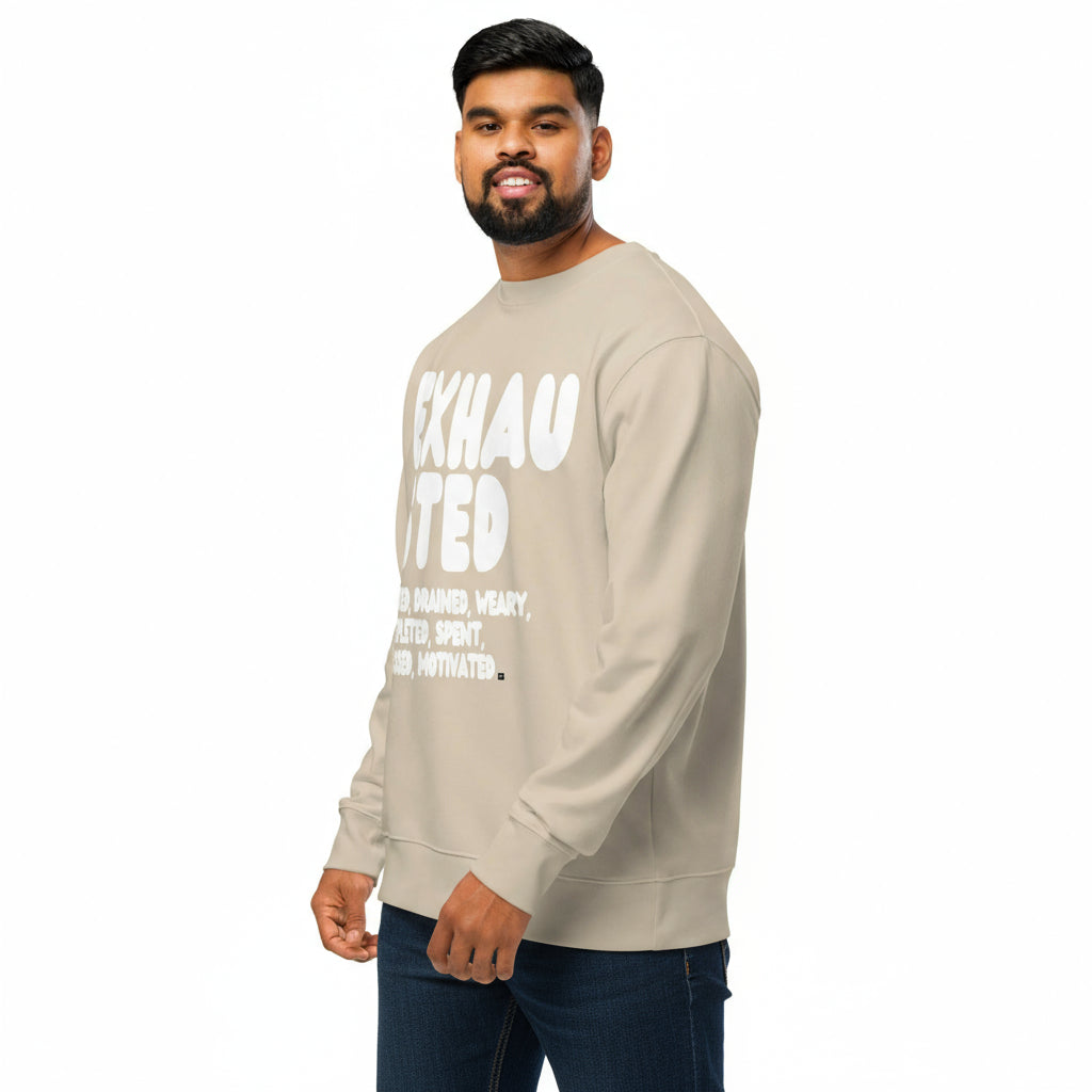 Exhausted in Beige and White Premium Unisex Crew Neck Sweatshirt - The APWT Gift Shop