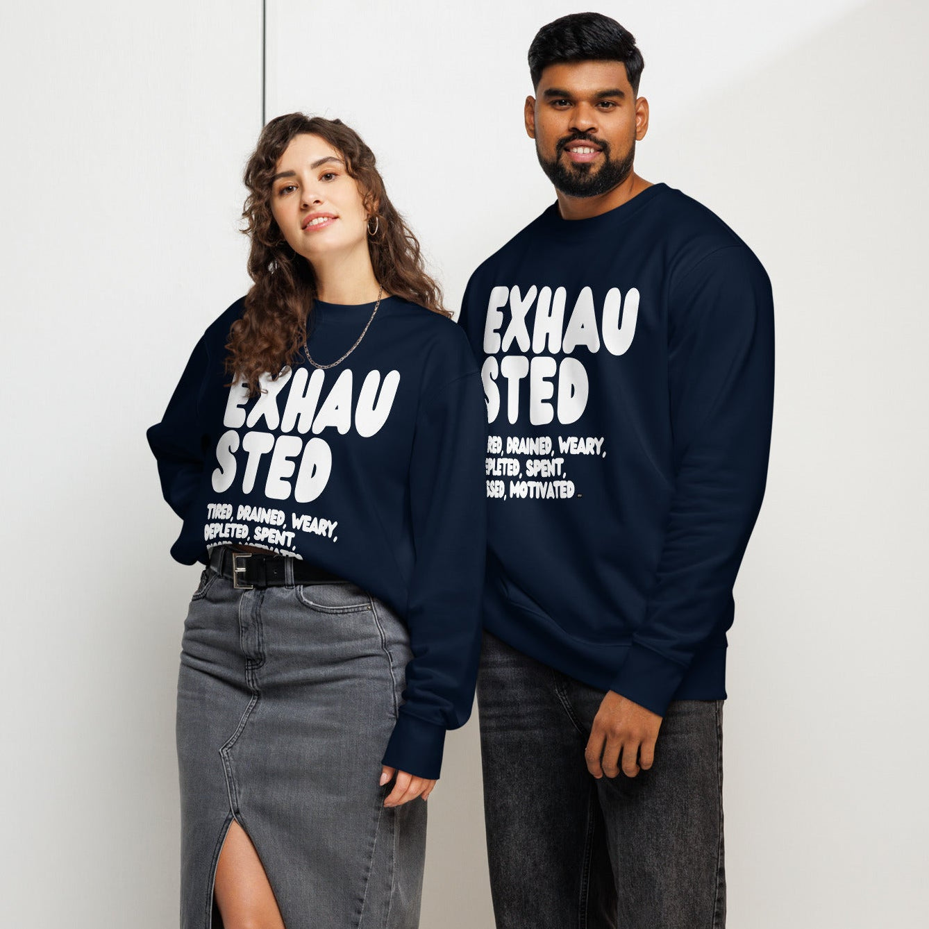 Exhausted in Blue and White Premium Unisex Crew Neck Sweatshirt - The APWT Gift Shop