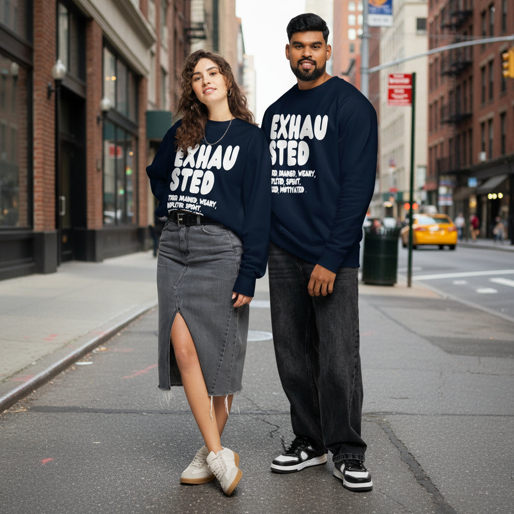 Exhausted in Blue and White Premium Unisex Crew Neck Sweatshirt - The APWT Gift Shop