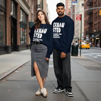 Exhausted in Blue and White Premium Unisex Crew Neck Sweatshirt - The APWT Gift Shop