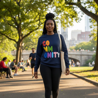 Woman walking through city park wearing the APWT Gift Shop's Rainbow Community Premium Unisex Crew Neck Sweatshirt from the Community Collection and the Premium Basics Collection 