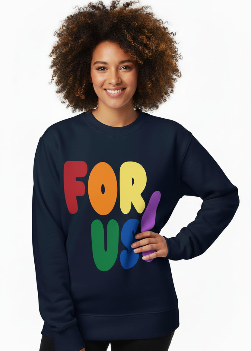 Woman wearing the APWT Gift Shop's Rainbow For Us Premium Unisex Crew Neck Sweatshirt in Navy Blue