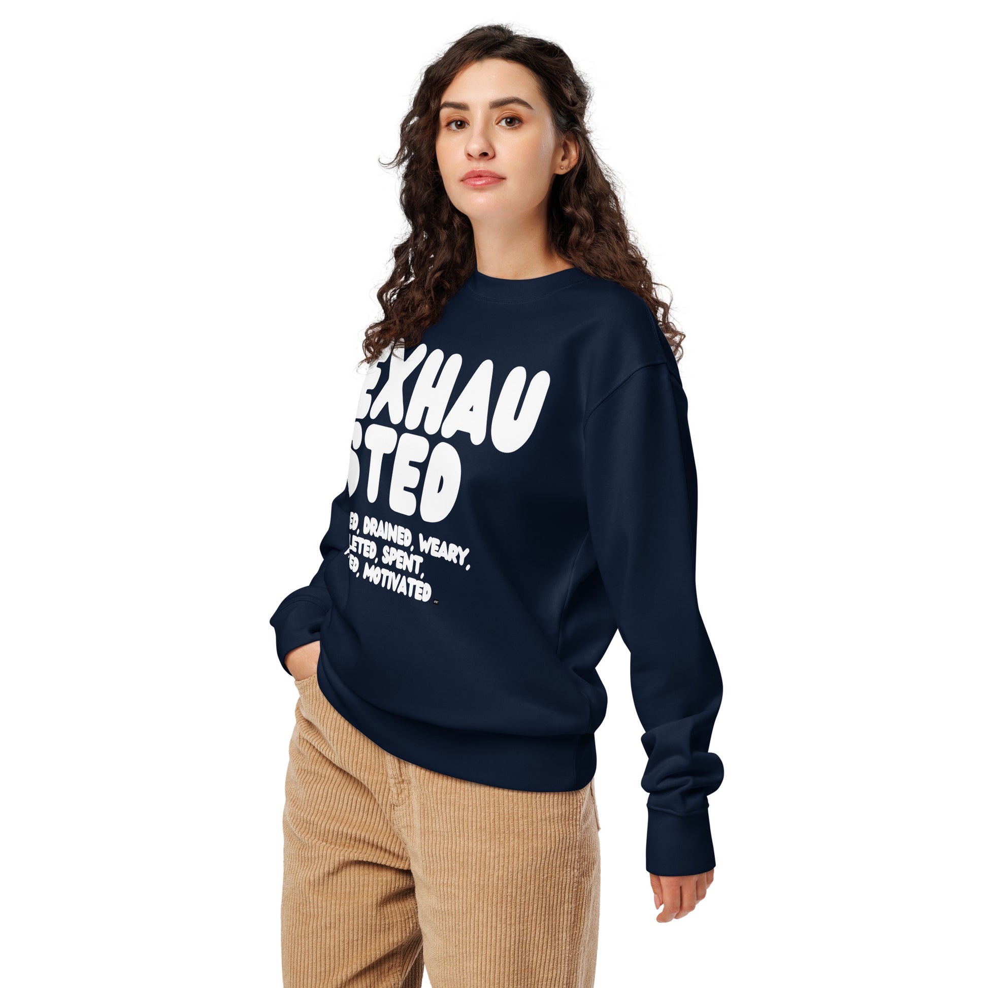 Exhausted in Blue and White Premium Unisex Crew Neck Sweatshirt - The APWT Gift Shop