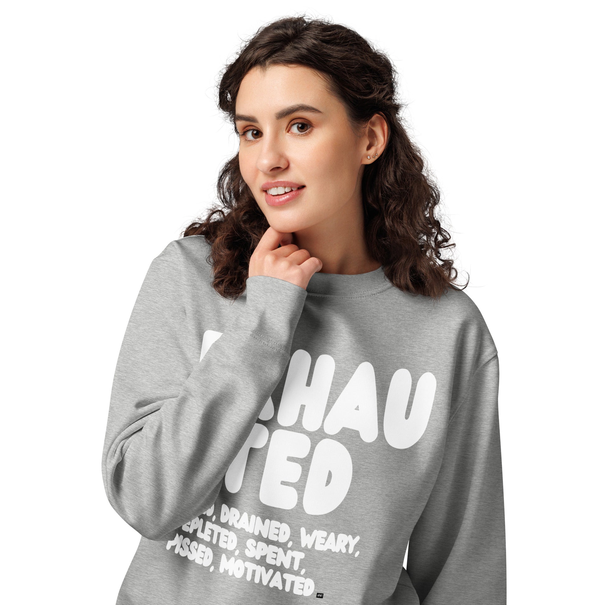 Exhausted in Grey and White Premium Unisex Crew Neck Sweatshirt - The APWT Gift Shop