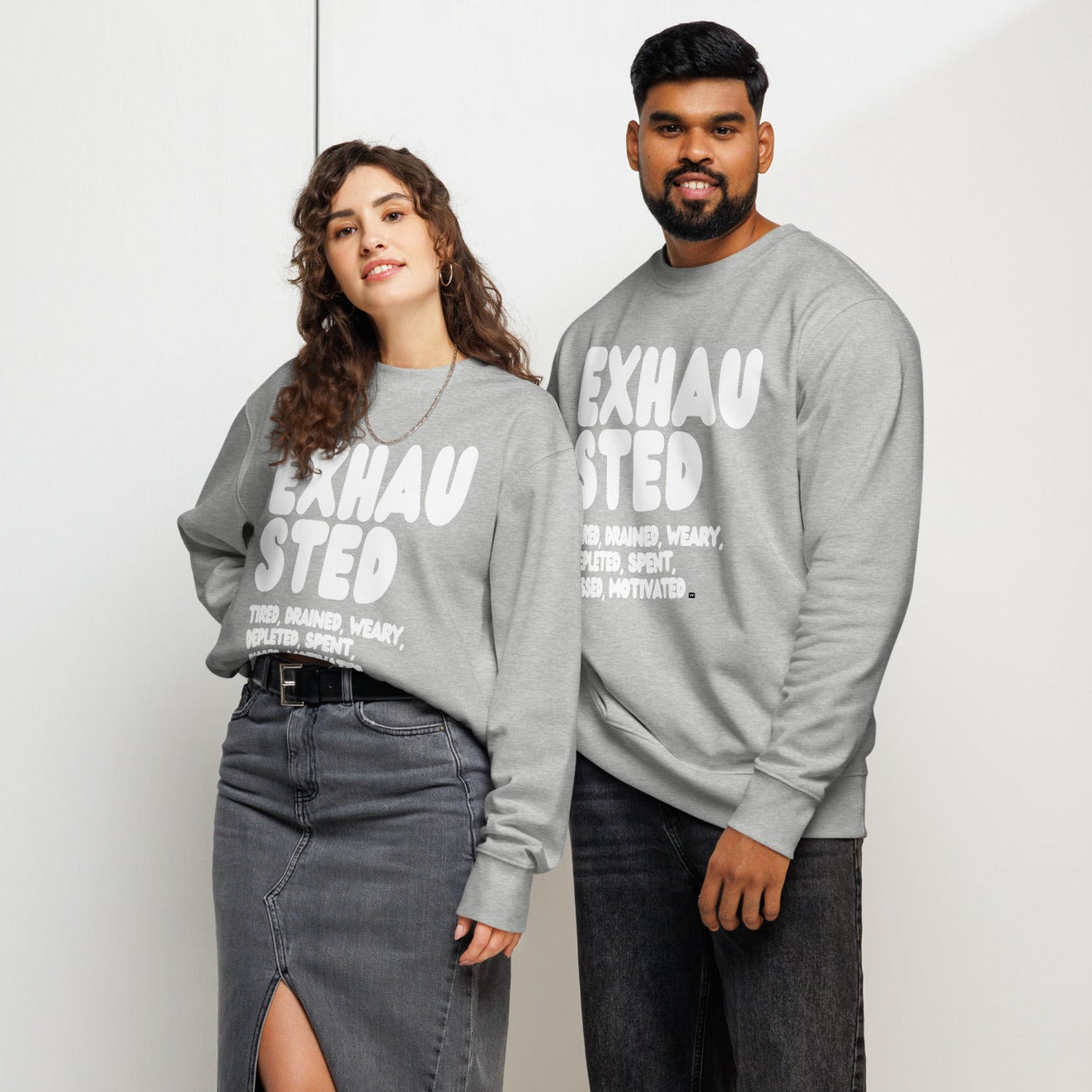 Exhausted in Grey and White Premium Unisex Crew Neck Sweatshirt - The APWT Gift Shop