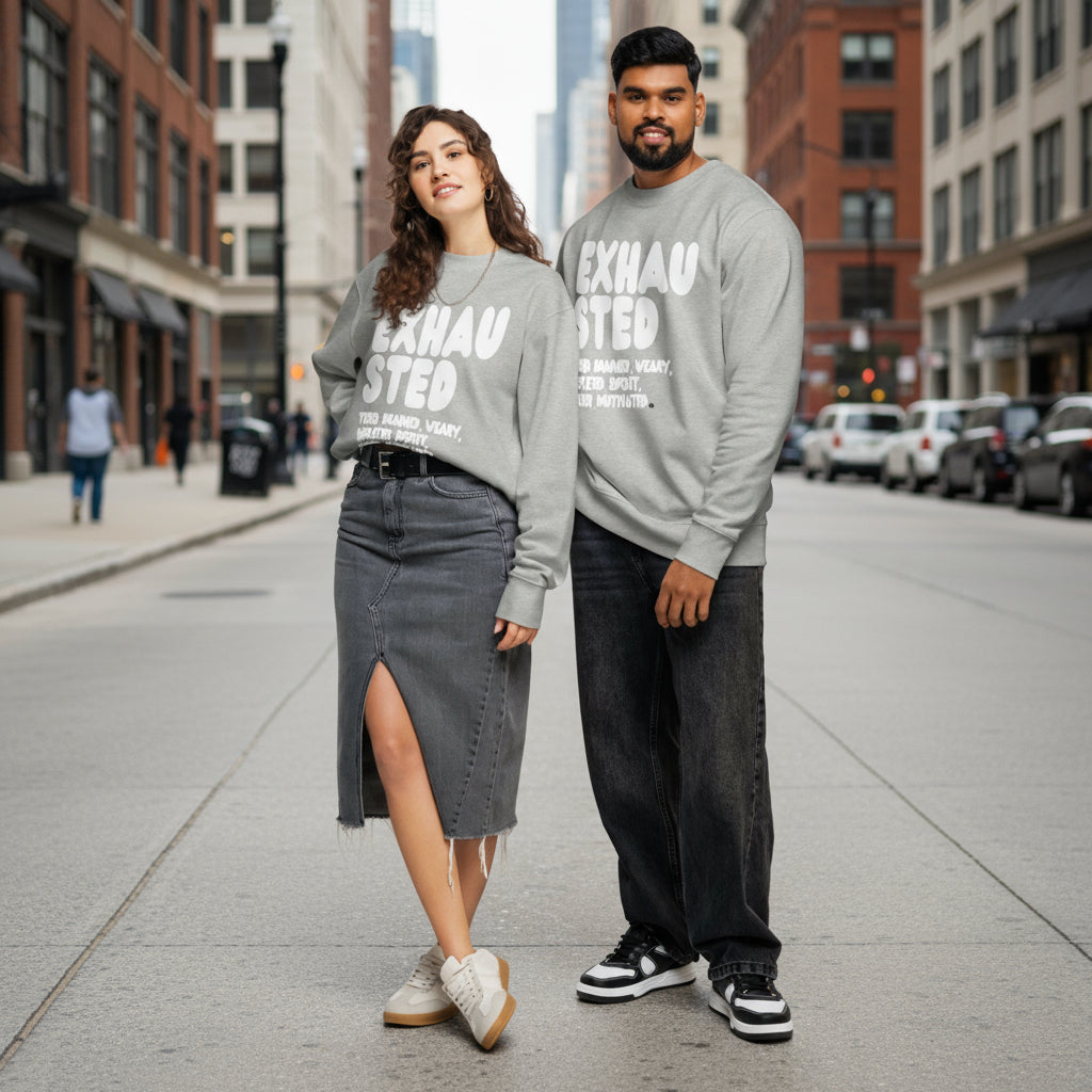 Exhausted in Grey and White Premium Unisex Crew Neck Sweatshirt