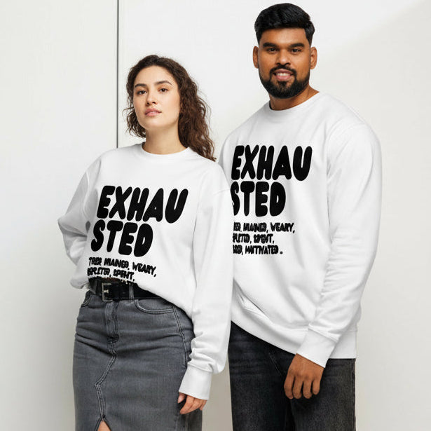The Exhausted in Black and White Premium Unisex White Crew Neck Sweatshirt - The APWT Gift Shop