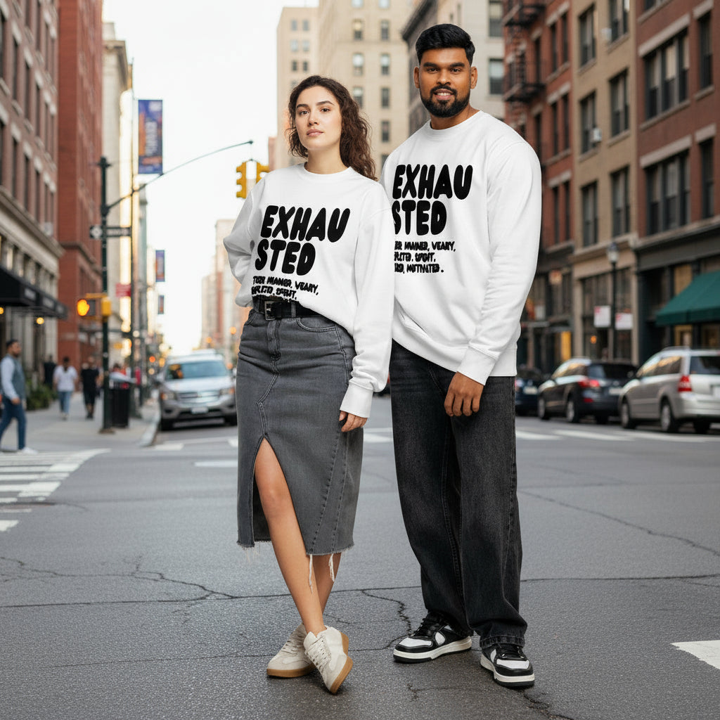 The Exhausted in Black and White Premium Unisex White Crew Neck Sweatshirt - The APWT Gift Shop