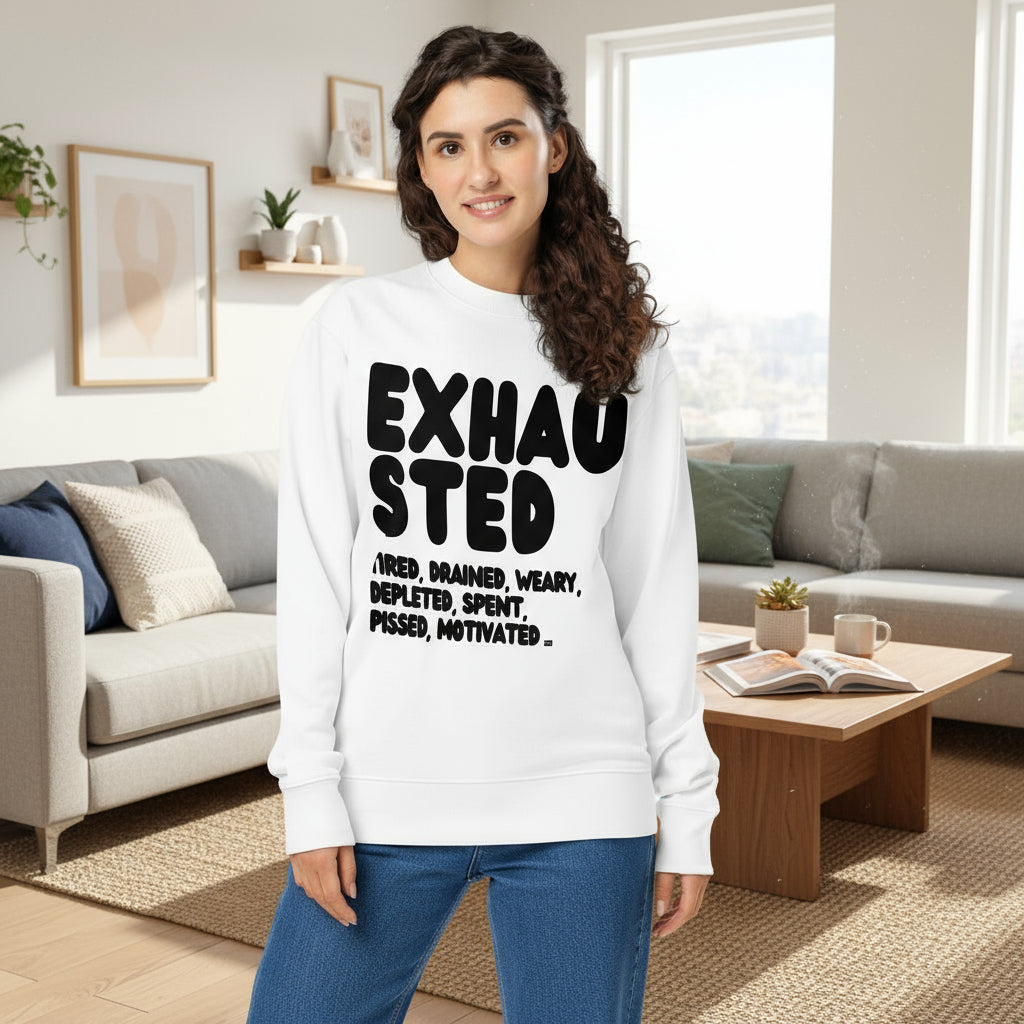 The Exhausted in Black and White Premium Unisex White Crew Neck Sweatshirt - The APWT Gift Shop