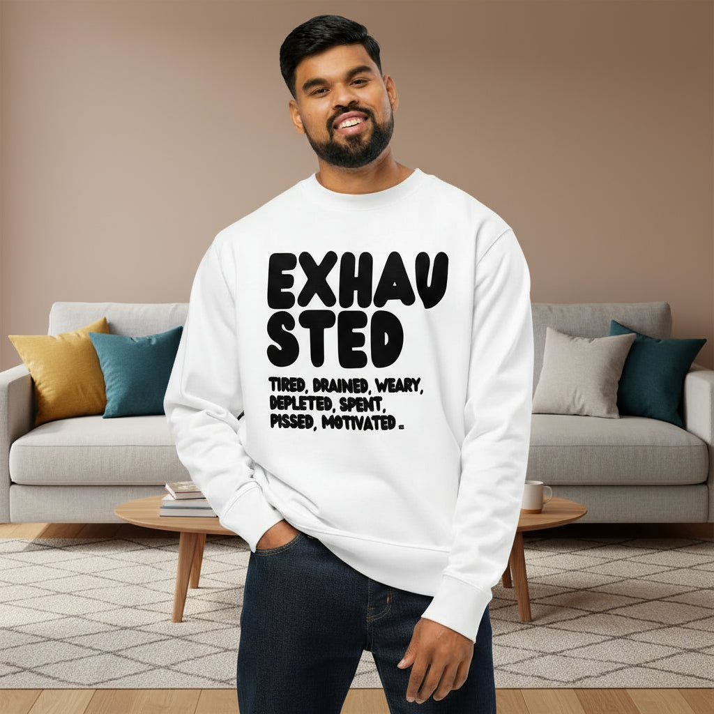 The Exhausted in Black and White Premium Unisex White Crew Neck Sweatshirt - The APWT Gift Shop