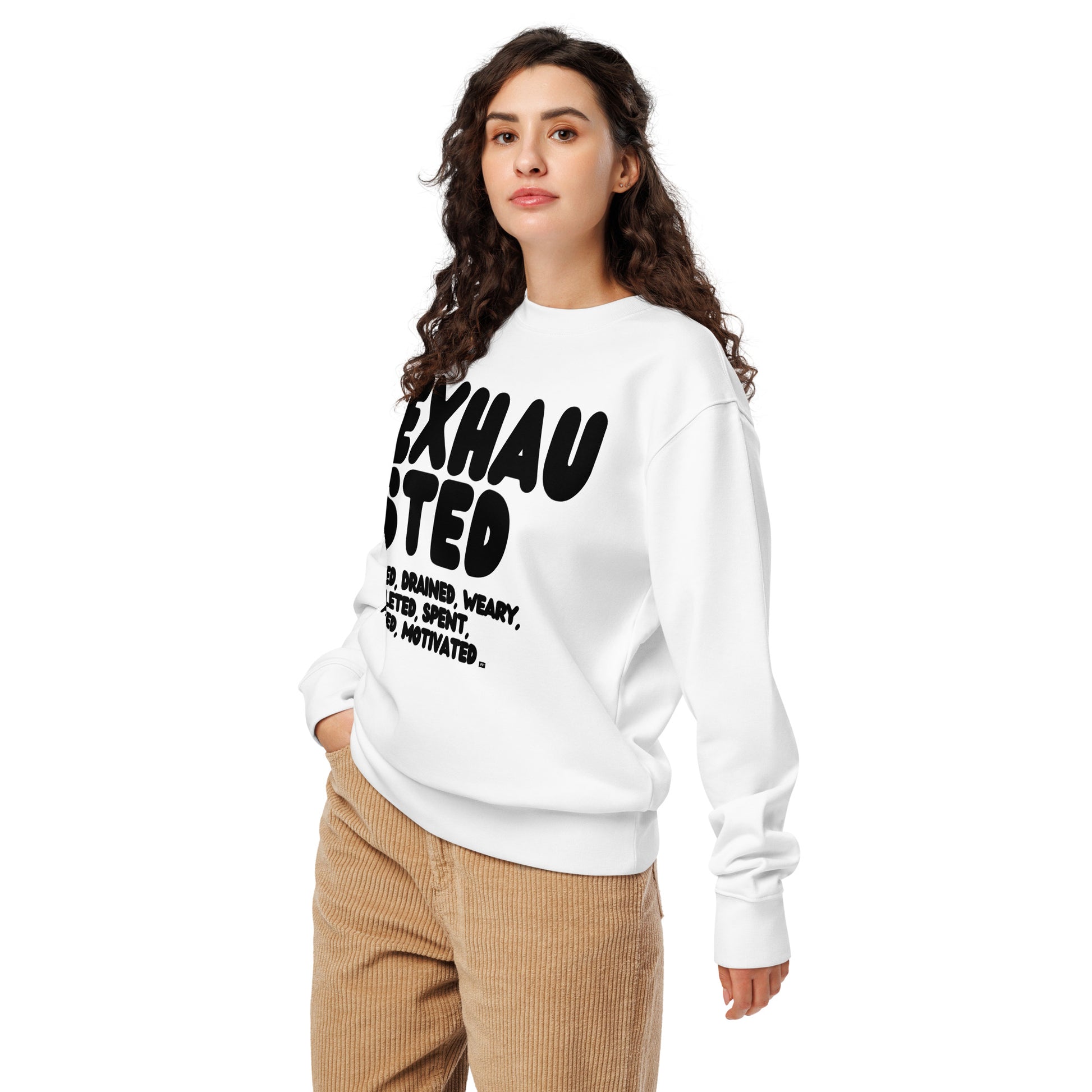 The Exhausted in Black and White Premium Unisex White Crew Neck Sweatshirt - The APWT Gift Shop