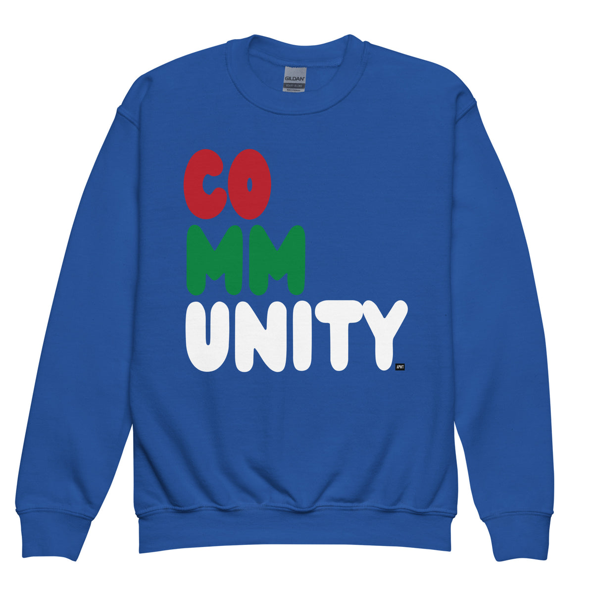 The APWT Gift Shop's Holiday Community Kid's Unisex Crew Neck Sweatshirt from the Community Collection and the APWT Kid's Shop in royal blue