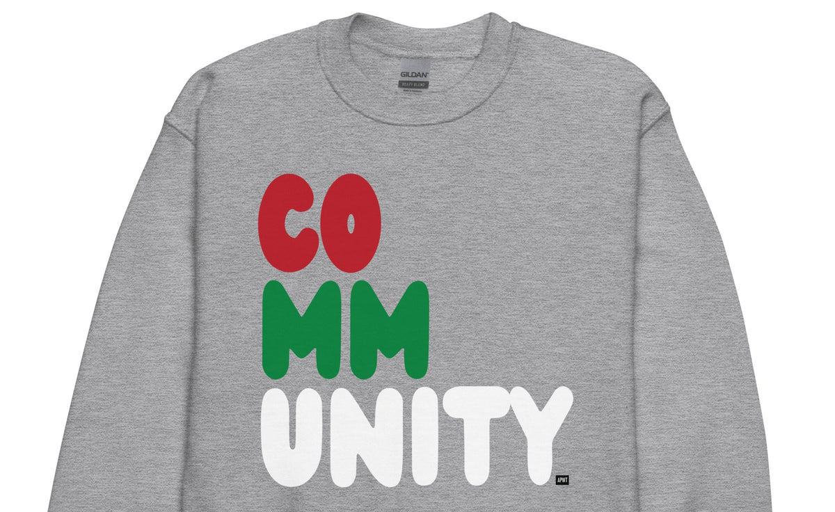 The APWT Gift Shop's Holiday Community Kid's Unisex Crew Neck Sweatshirt from the Community Collection and the APWT Kid's Shop in Grey - Close-Up