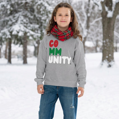 Girl wearing the APWT Gift Shop's Holiday Community Kid's Unisex Crew Neck Sweatshirt from the Community Collection and the APWT Kid's Shop in Grey