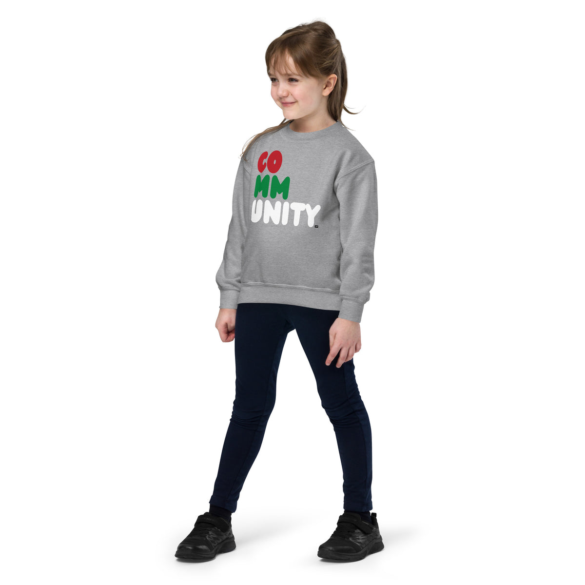 Girl wearing the APWT Gift Shop's Holiday Community Kid's Unisex Crew Neck Sweatshirt from the Community Collection and the APWT Kid's Shop in Grey