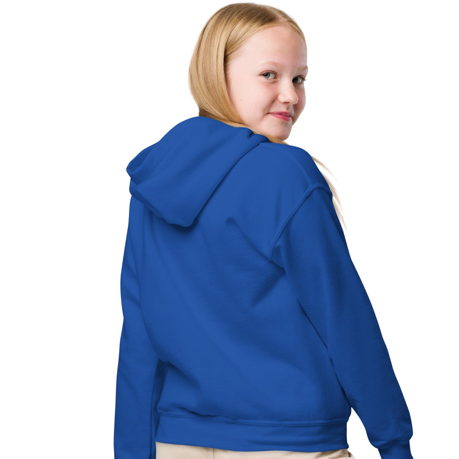 Girl showing the back of the Be You Kids in Green Unisex Hoodie in Royal Blue from the APWT Gift Shop -  Kids Affirmation Sweatshirts