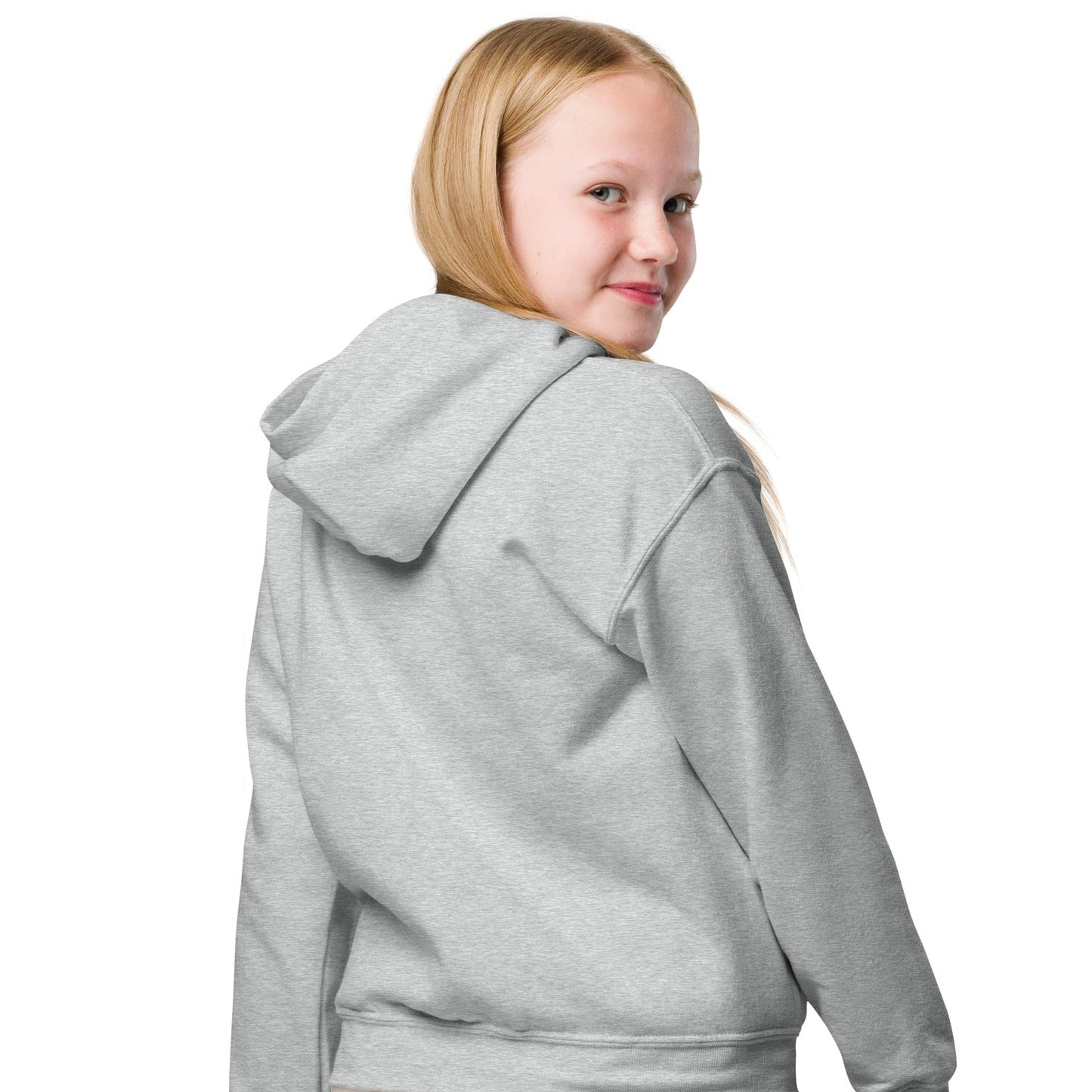 Girl showing back of Be You Kids in Pink Unisex Hoodie in Grey from the APWT Gift Shop -  Kids Affirmation Sweatshirts