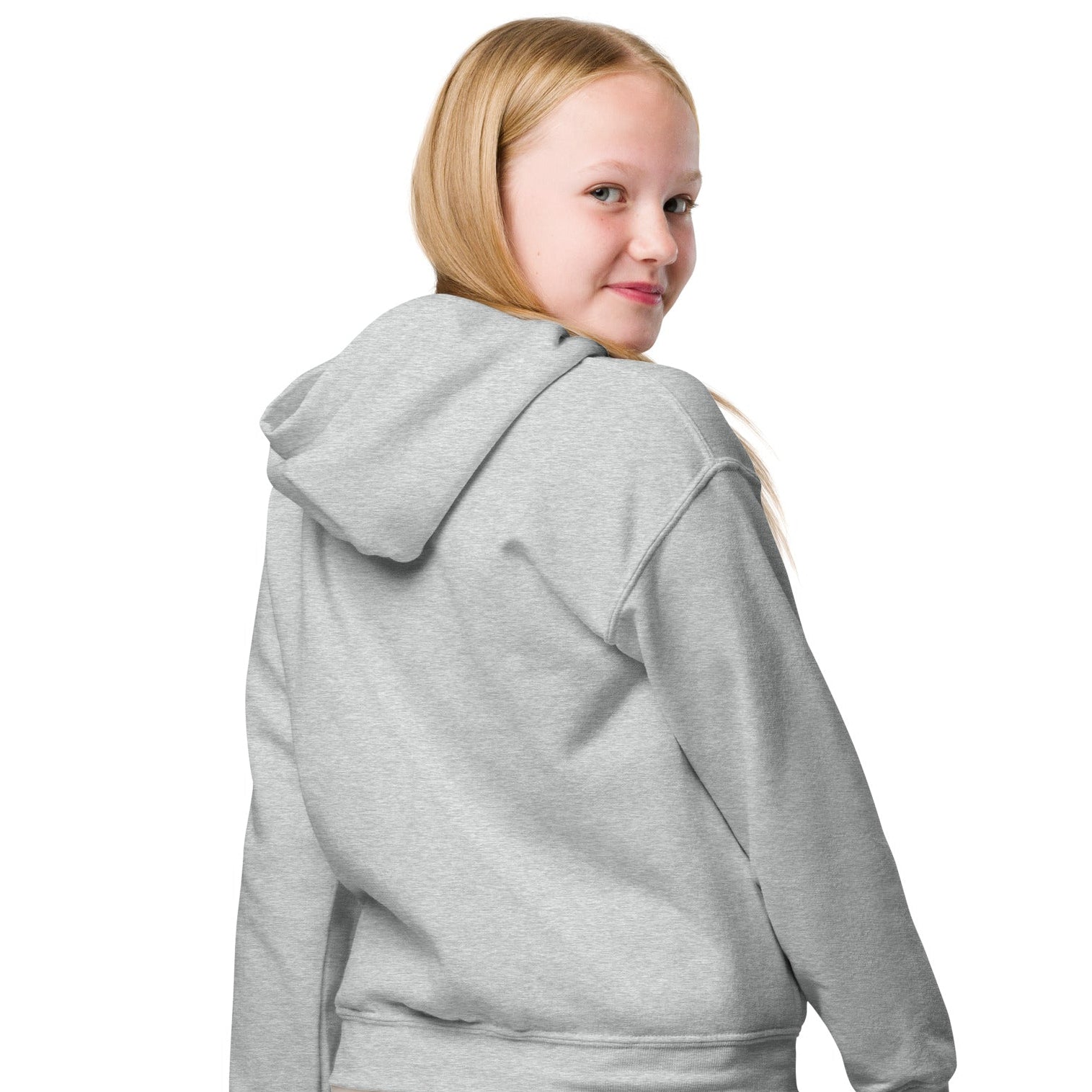 Girl showing back of Be You Kids in Pink Unisex Hoodie in Grey from the APWT Gift Shop -  Kids Affirmation Sweatshirts
