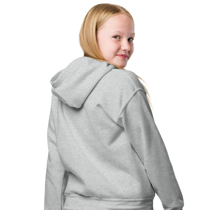 Girl showing back of Be You Kids in Pink Unisex Hoodie in Grey from the APWT Gift Shop -  Kids Affirmation Sweatshirts