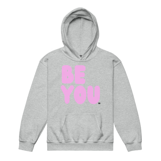 Be You Kids in Pink Unisex Hoodie in Grey from the APWT Gift Shop -  Kids Affirmation Sweatshirts