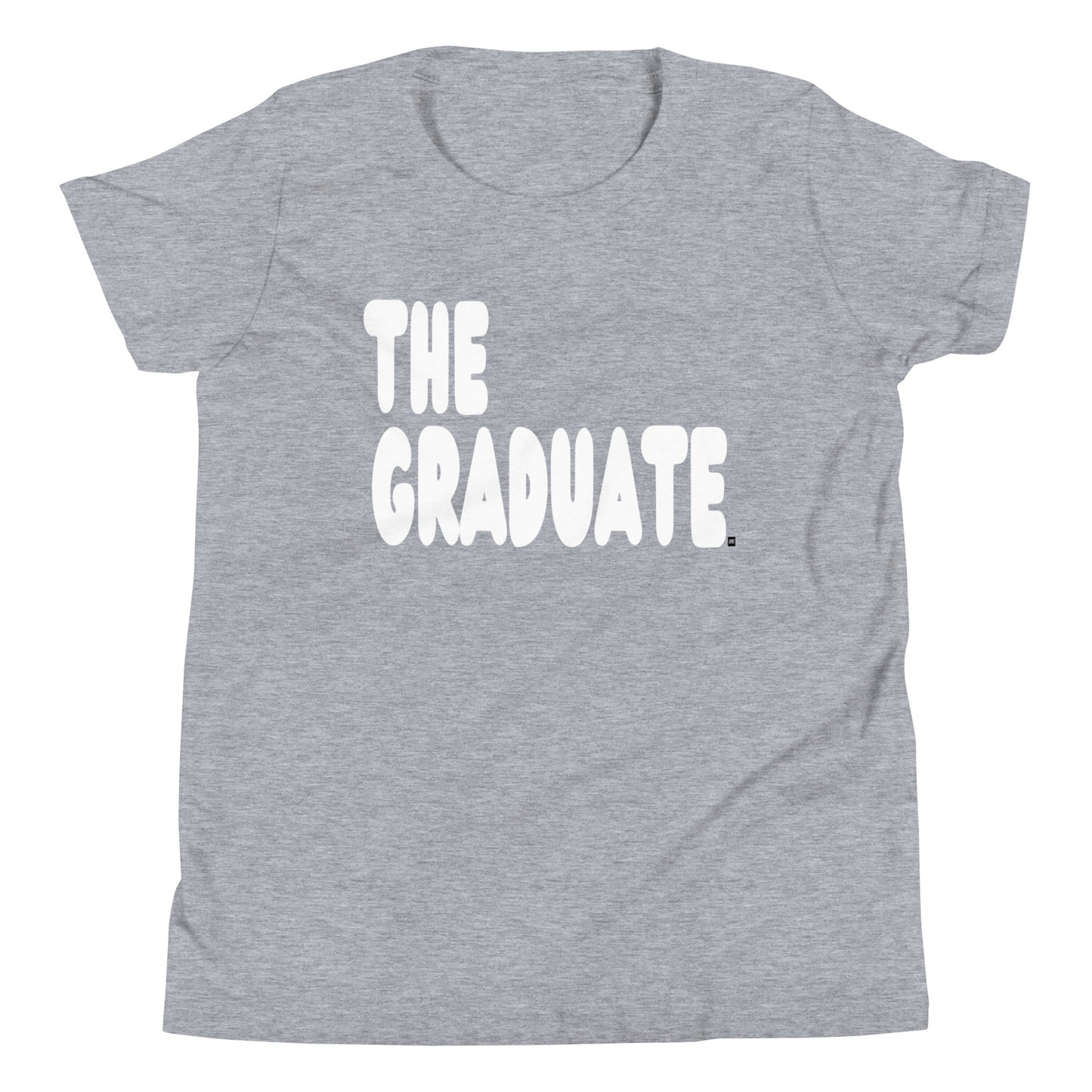 Gray t-shirt with 'THE GRADUATE' text in white on a white background