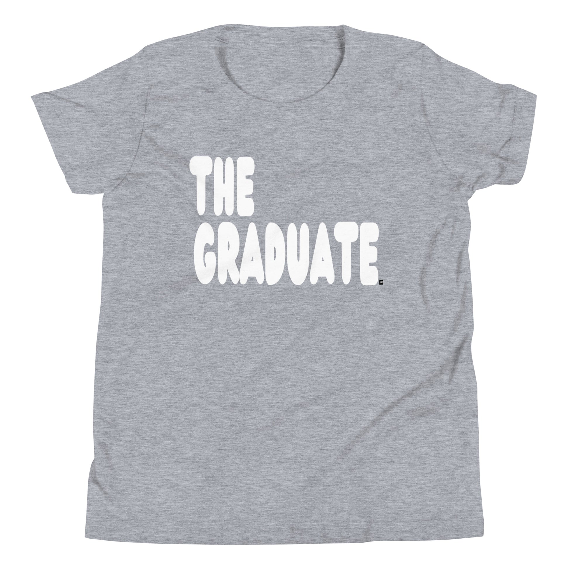 Gray t-shirt with 'THE GRADUATE' text in white on a white background