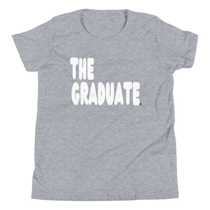 Gray t-shirt with 'THE GRADUATE' text in white on a white background