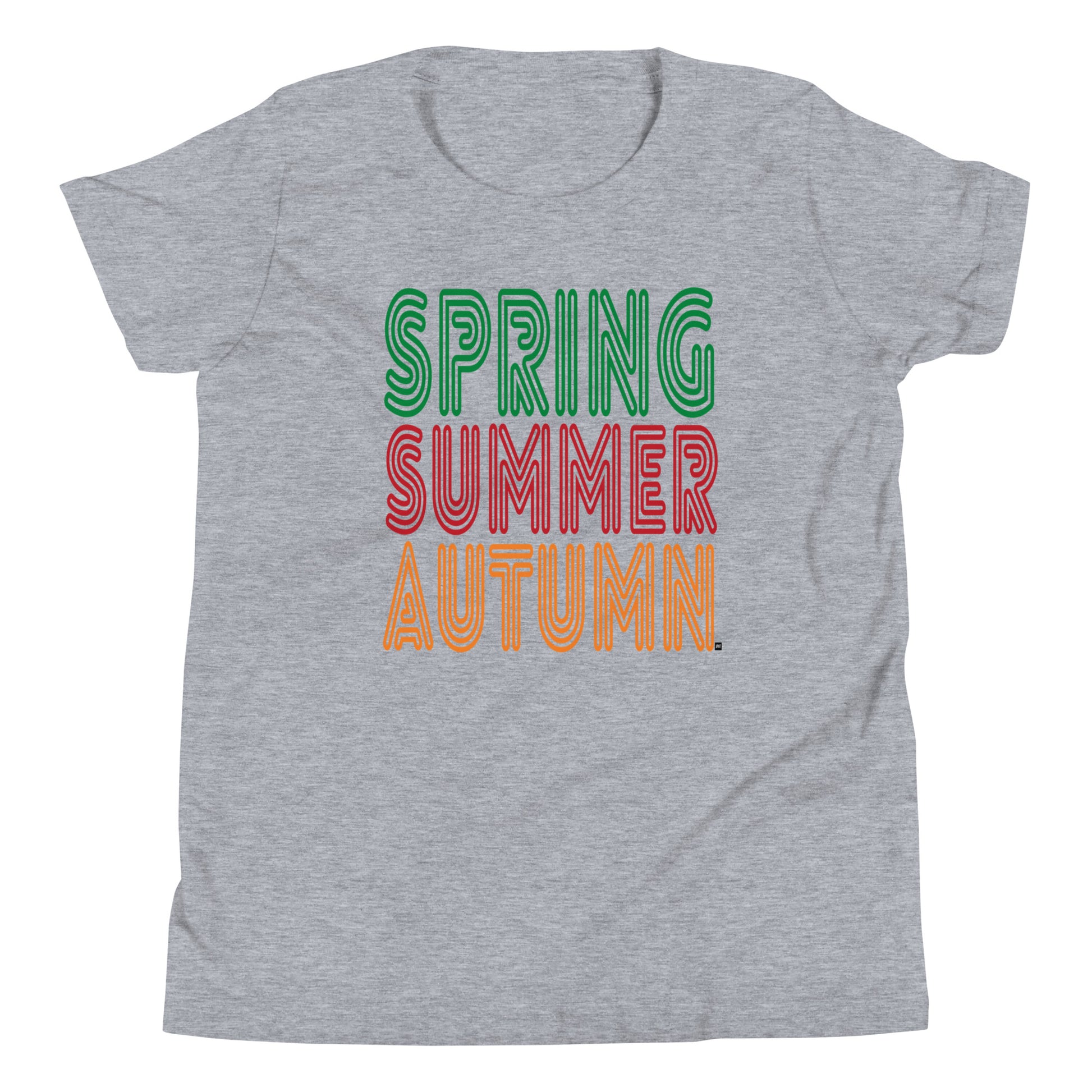 Gray t-shirt with 'Spring Summer Autumn' text in different colors on a white background
