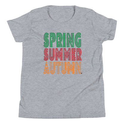 Gray t-shirt with 'Spring Summer Autumn' text in different colors on a white background