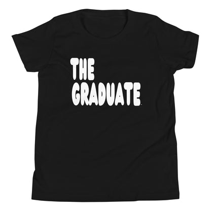 Black t-shirt with 'THE GRADUATE' text in white on a white background
