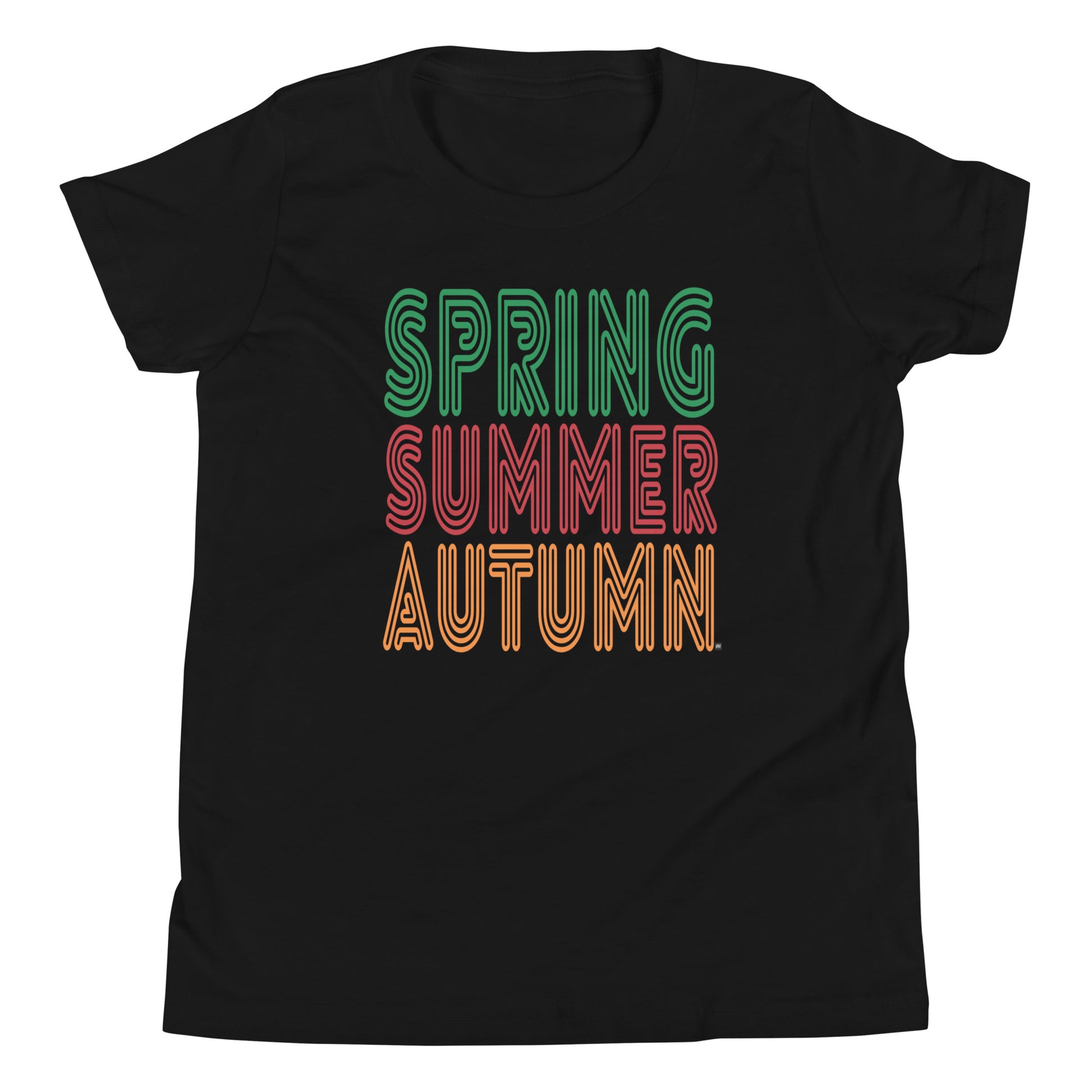 Black t-shirt with 'Spring Summer Autumn' text in colorful letters on a white background