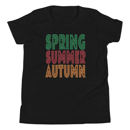 Black t-shirt with 'Spring Summer Autumn' text in colorful letters on a white background