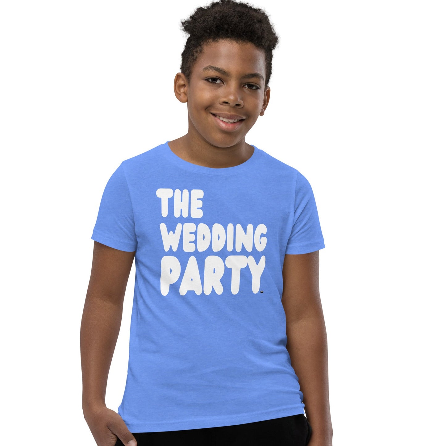 Boy wearing the APWT Gift Shop's The Wedding Party Kids Unisex T-Shirt from the APWT Wedding Shop in Light Blue