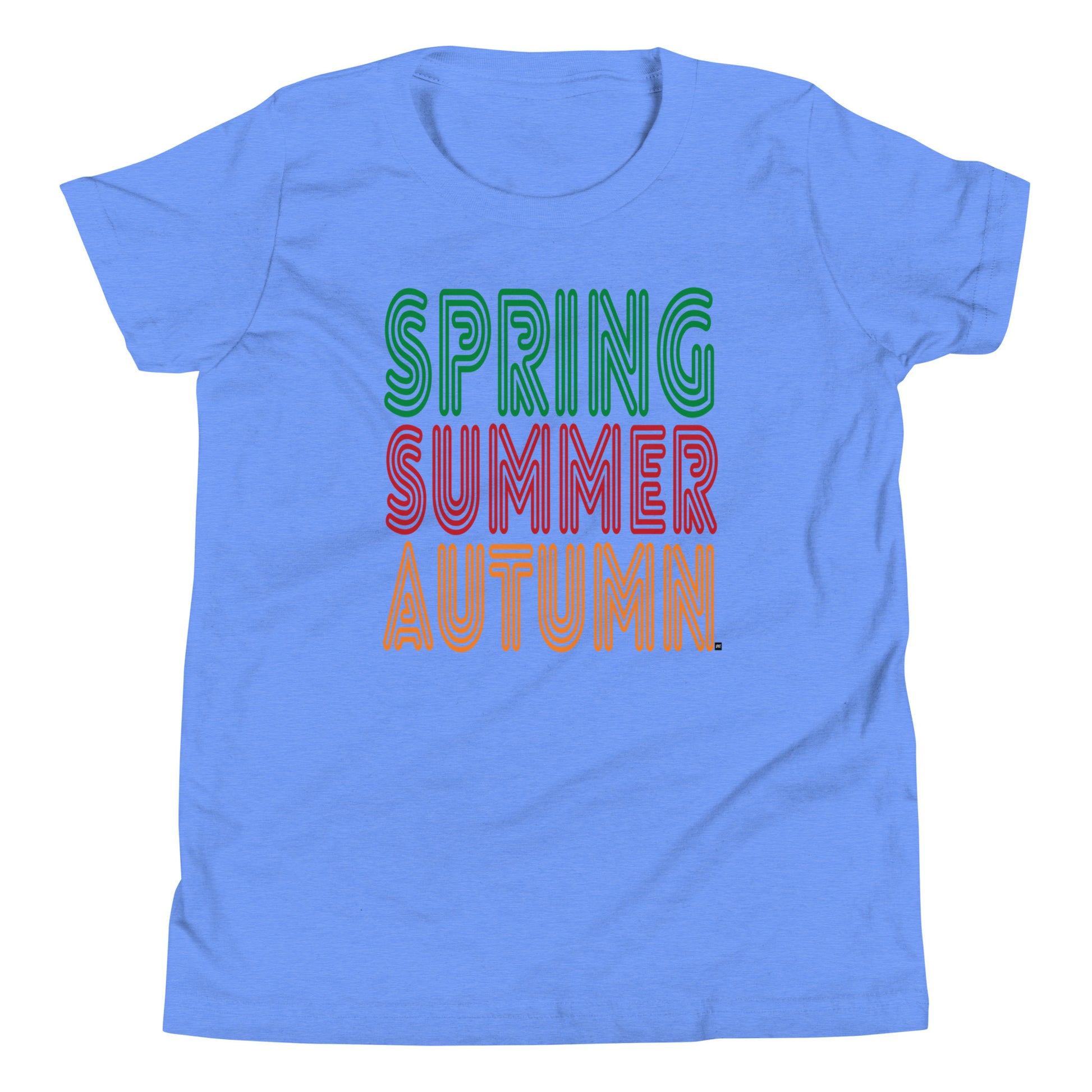 Blue t-shirt with 'Spring Summer Autumn' text in different colors on a white background
