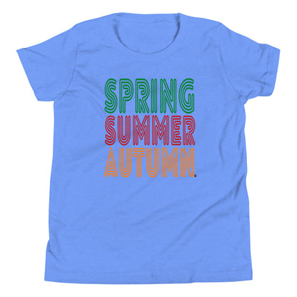 Blue t-shirt with 'Spring Summer Autumn' text in different colors on a white background