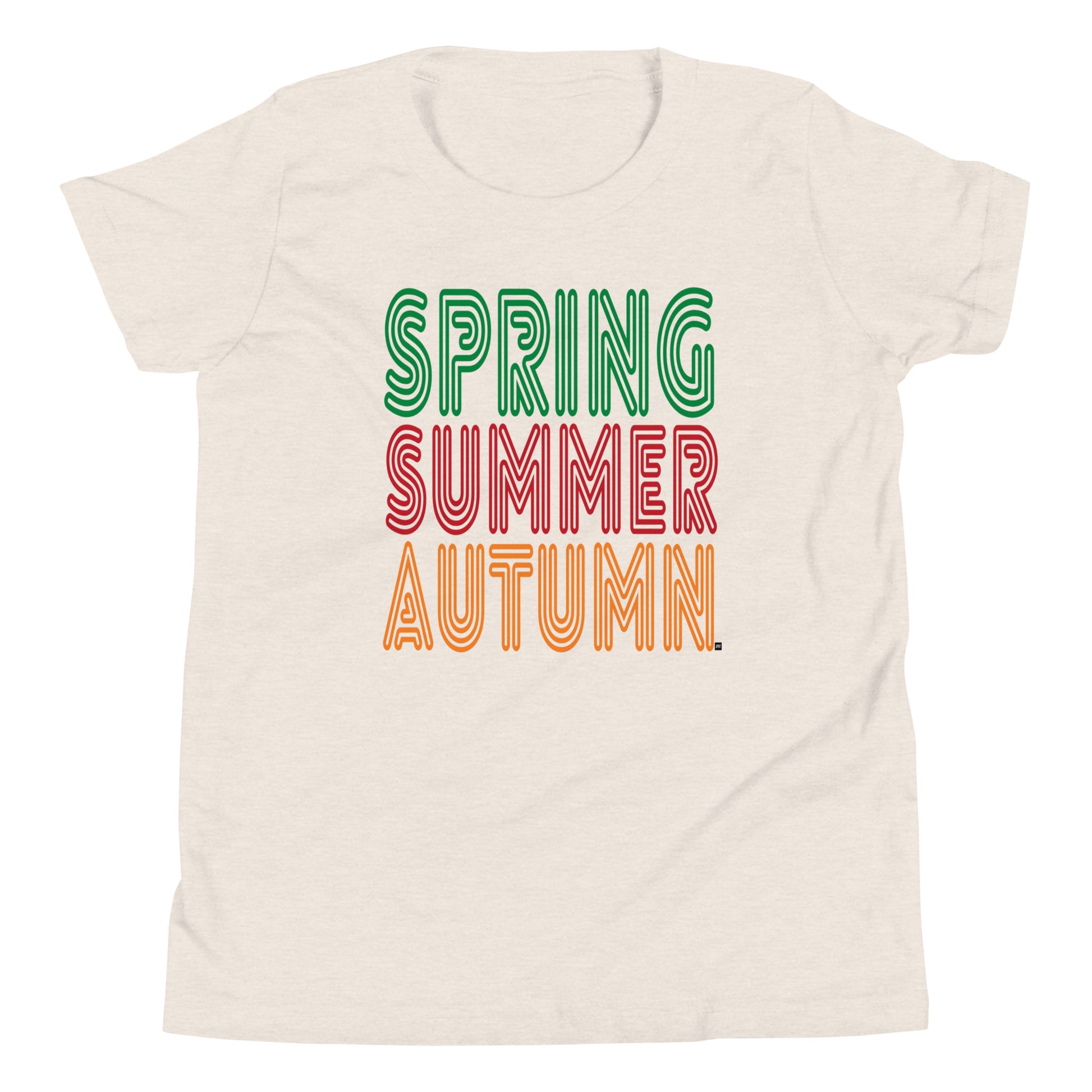 Beige t-shirt with 'Spring Summer Autumn' text in different colors on a white background
