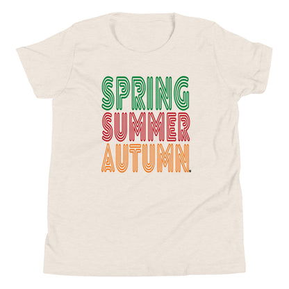 Beige t-shirt with 'Spring Summer Autumn' text in different colors on a white background