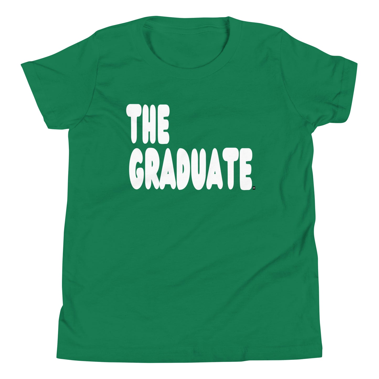 Green t-shirt with 'THE GRADUATE' text on a white background